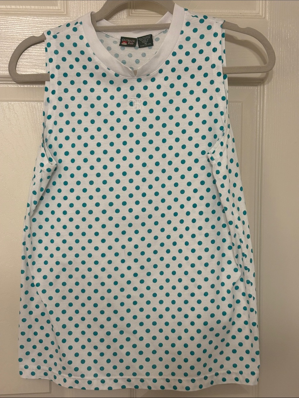 Vintage Outback Red Women's White Tank Top with Teal Polka Dots M